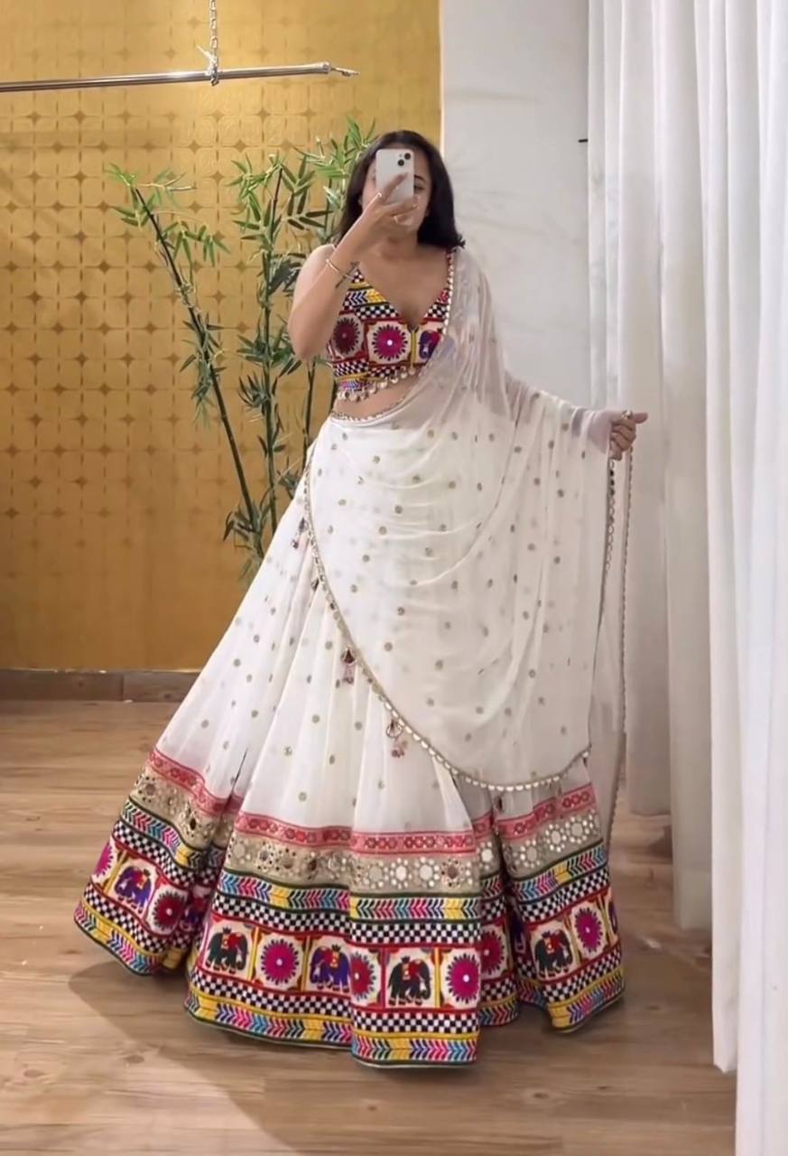Exquisite Pristine White Designer Lehenga Choli with Vibrant Multicolored Traditional Elephant Embroidery and Mirror Work Detailing